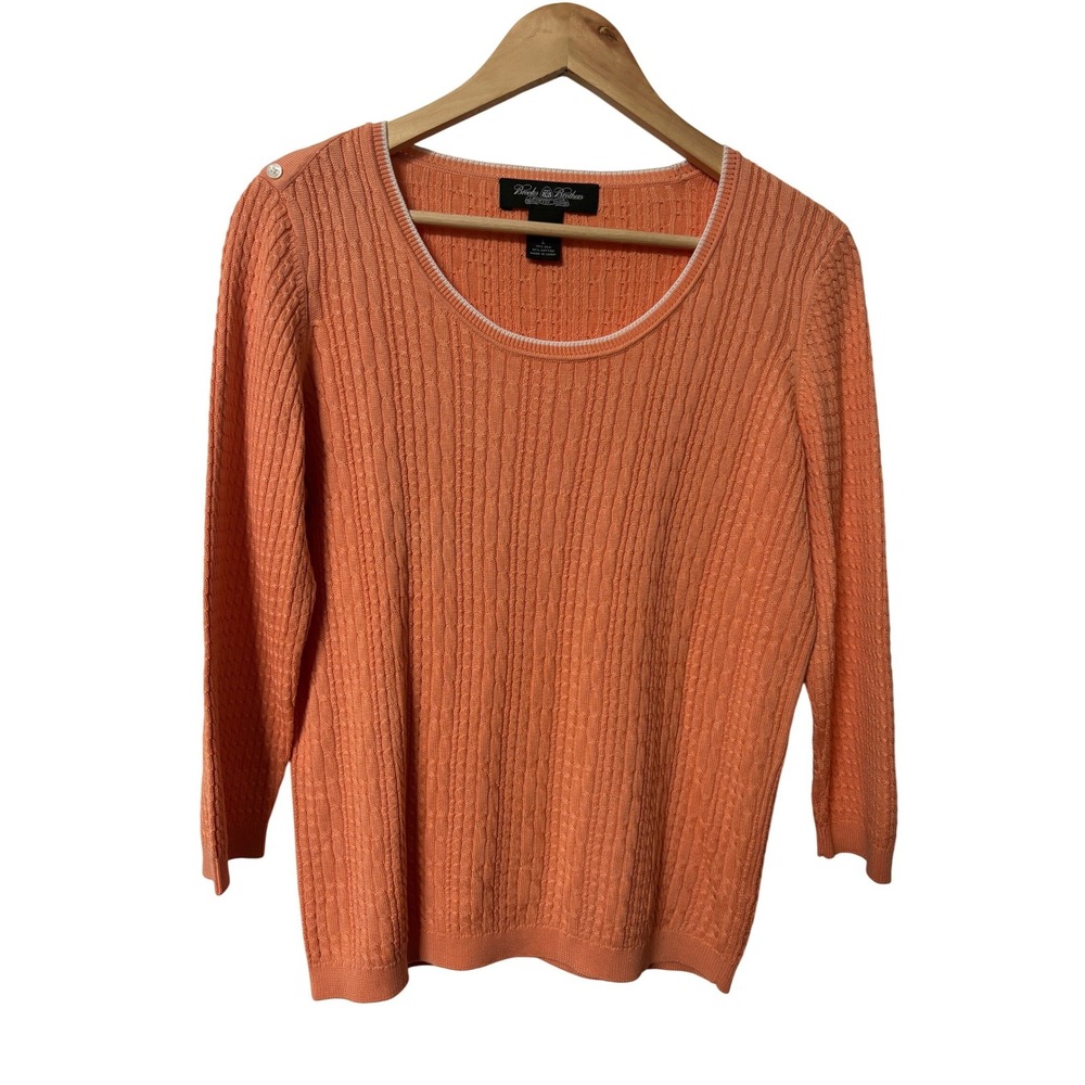 Brooks Brothers Silk Cotton Cable Knit Sweater Coral Orange‎ 3/4 Sleeve Large